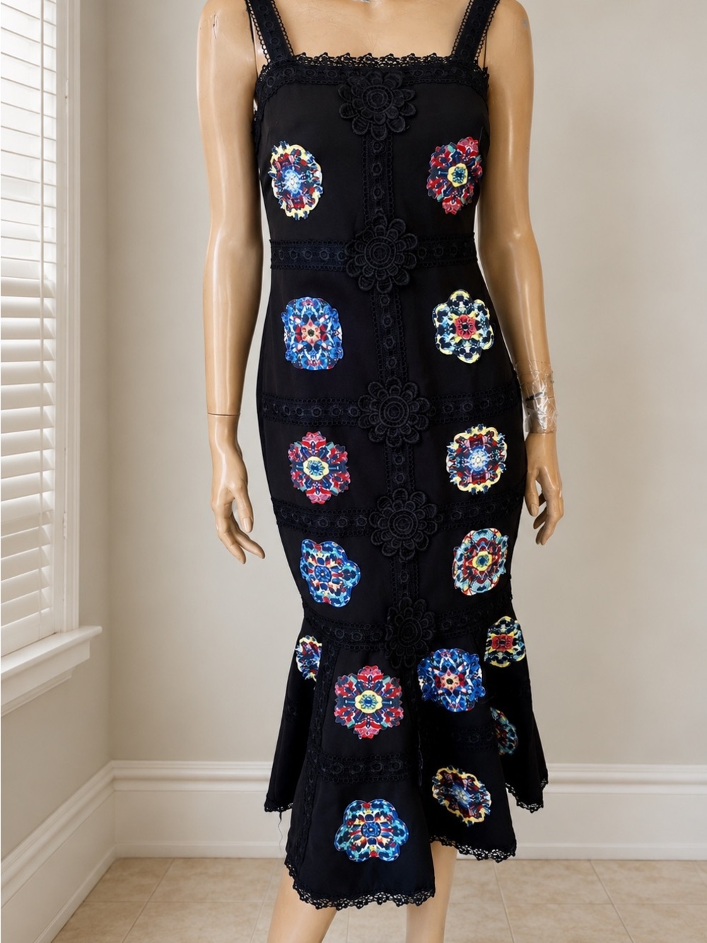 Brava Black Floral Crochet-Trim Midi Dress in Multicolor Accents